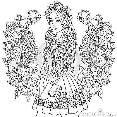 Beautiful young girl, butterflies and peony flowers Vector Illustration